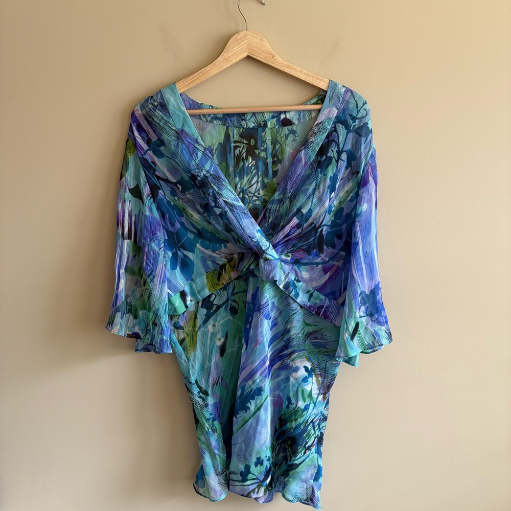 Reba Vibrant Blue and Green Shirt and Skirt Matching Set, 100% Silk, Size M - Picture 3 of 13